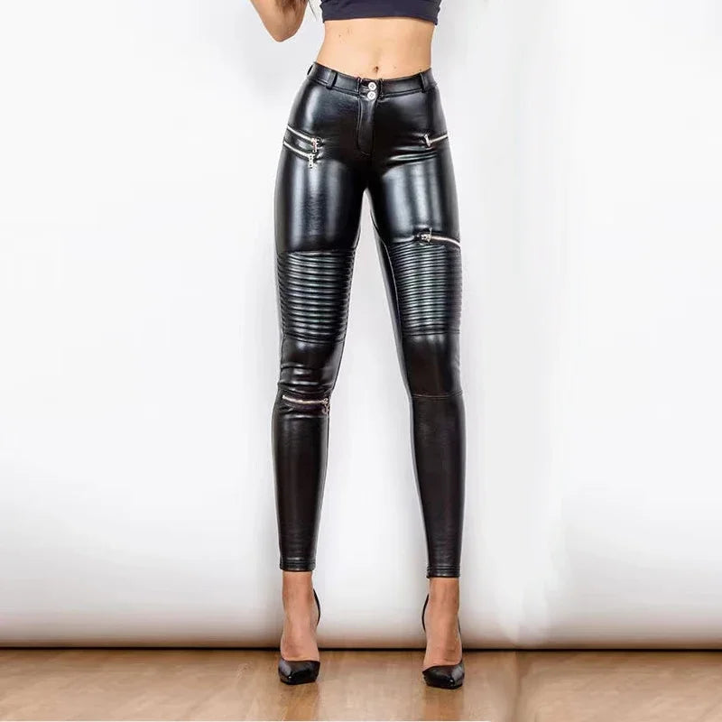 Women Punk Faux Leather Moto Pants High Waist Bodycon Stretchy Slim PU Trousers Streetwear Hip Pop Zip Pants Clubwear Custom