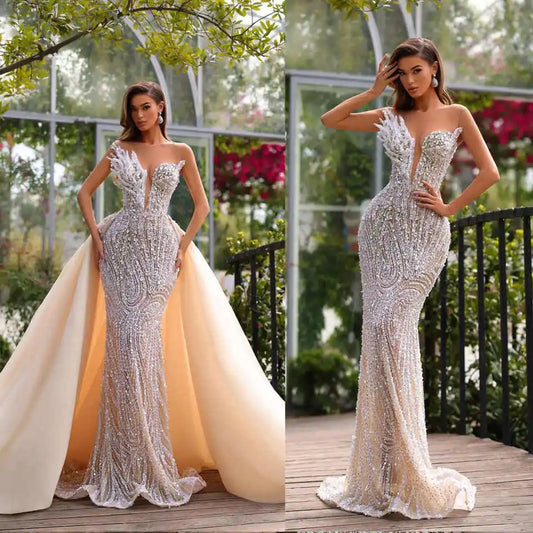 Fashion Mermaid Evening Dress Sleeveless Prom Gowns V-Neck Beads Satin Pearls Sexy Prom Dress vestidos de novia Size Customized