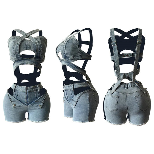 2 Piece Sets Women Denim Shorts Suit Sexy Vest Top Strap Backless Jeans Short Pants Pockets Outfits 2025/2026 Streetwear Ensemble