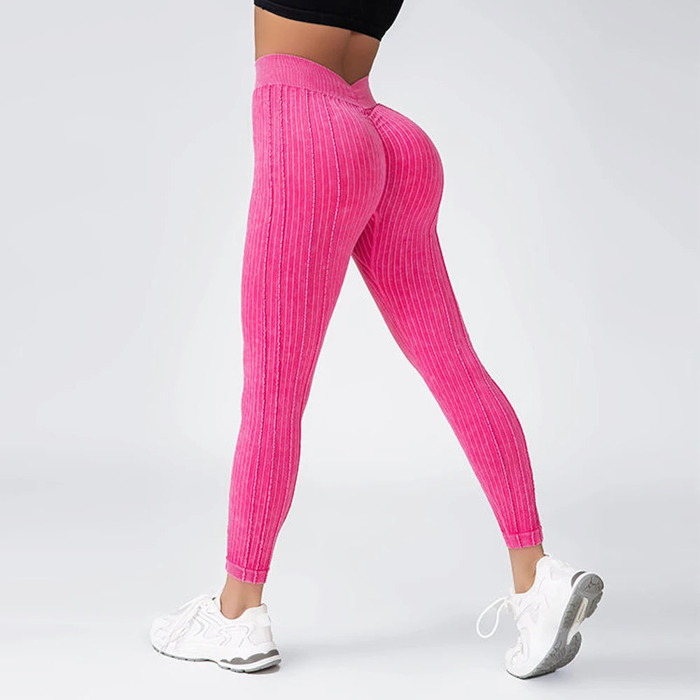 Women Striped Leggings V Back Fashion Gym Outdoor Fitness Athletic Workout Elastic Leggins Yoga Pants Sports Training Tights