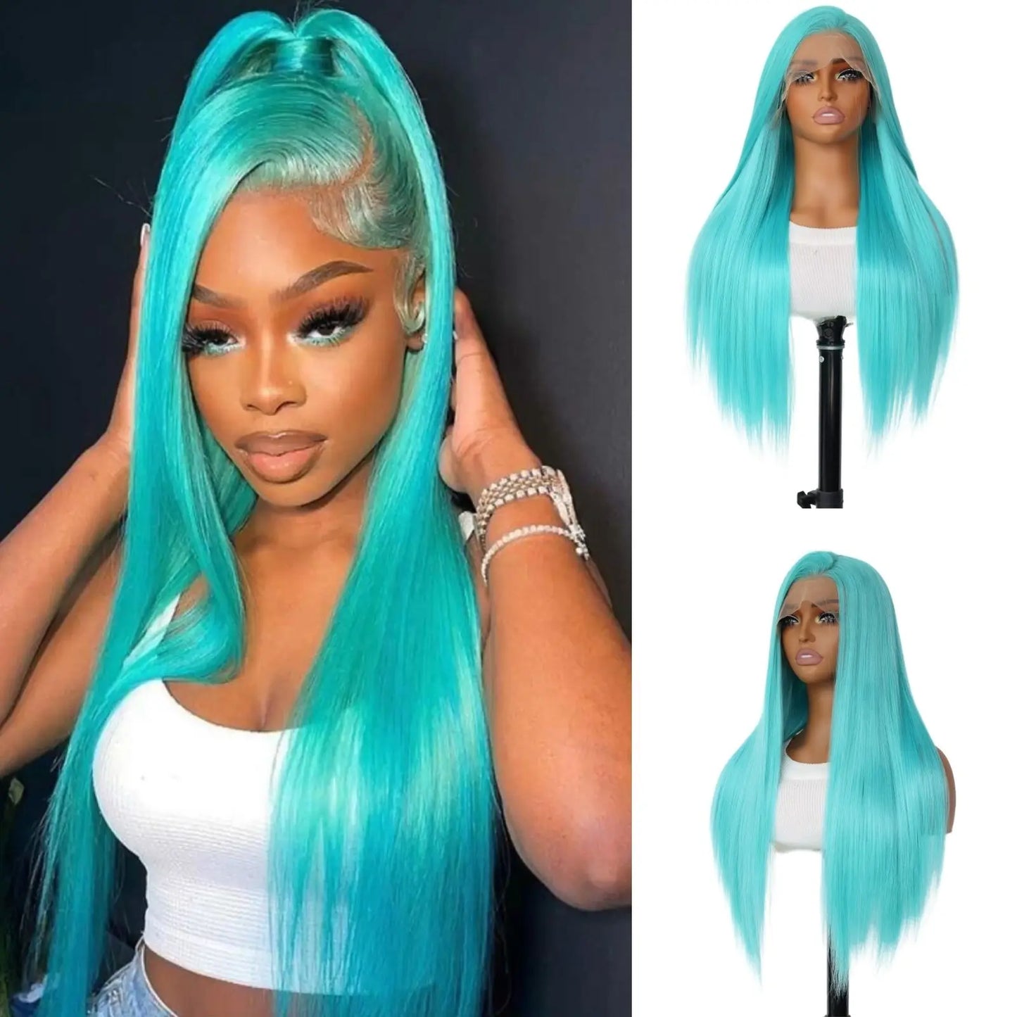 Mint Blue Color Synthetic Lace Front Wigs for Fashion Women 24 Inch Long Silky Straight Hair Mint Green Wig 13x4 HD Lace Front W