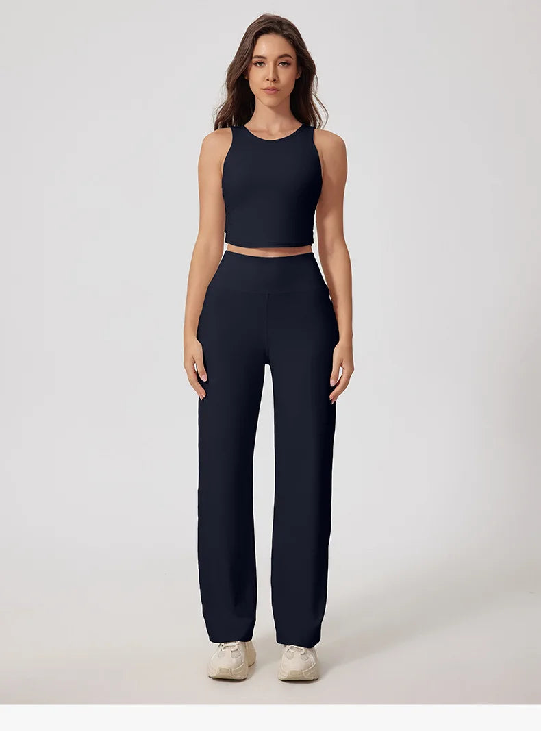 New Women Sportswear Yoga Set Sport Suit Gym Workout Clothes Gym Vest Crop Top High Waist Straight leg Pants Fitness Sports Wear