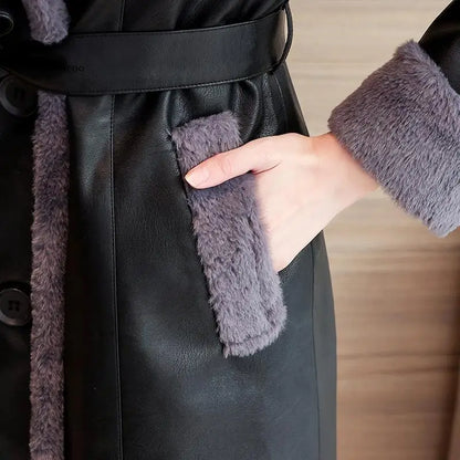 Winter Leather Jacket Women's Fashion Fur Collar Black Casual Warm Coat Female Quality PU Leather Overcoat Ladies