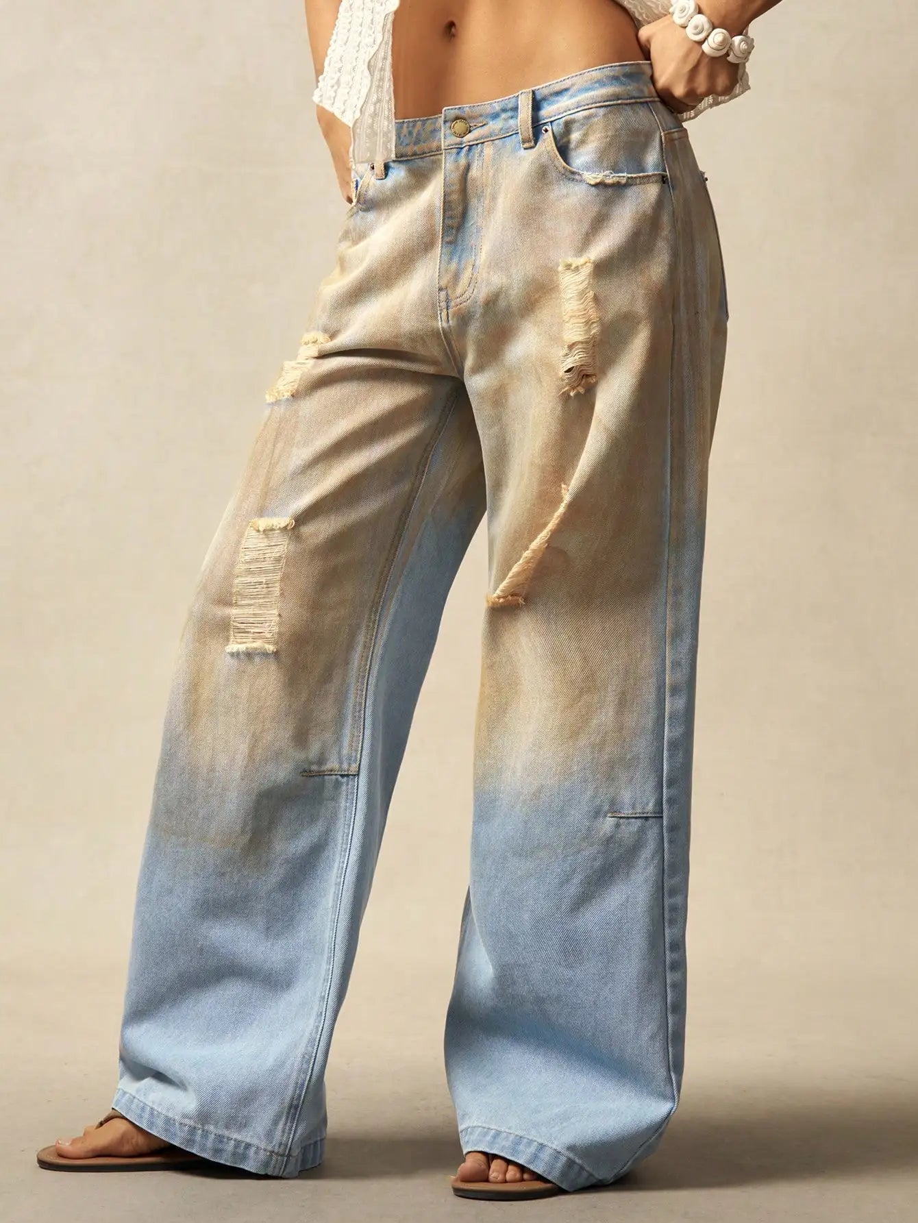 American style high end streetwear style faded holey denim women's pants 2025 new collection