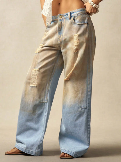 American style high end streetwear style faded holey denim women's pants 2025 new collection