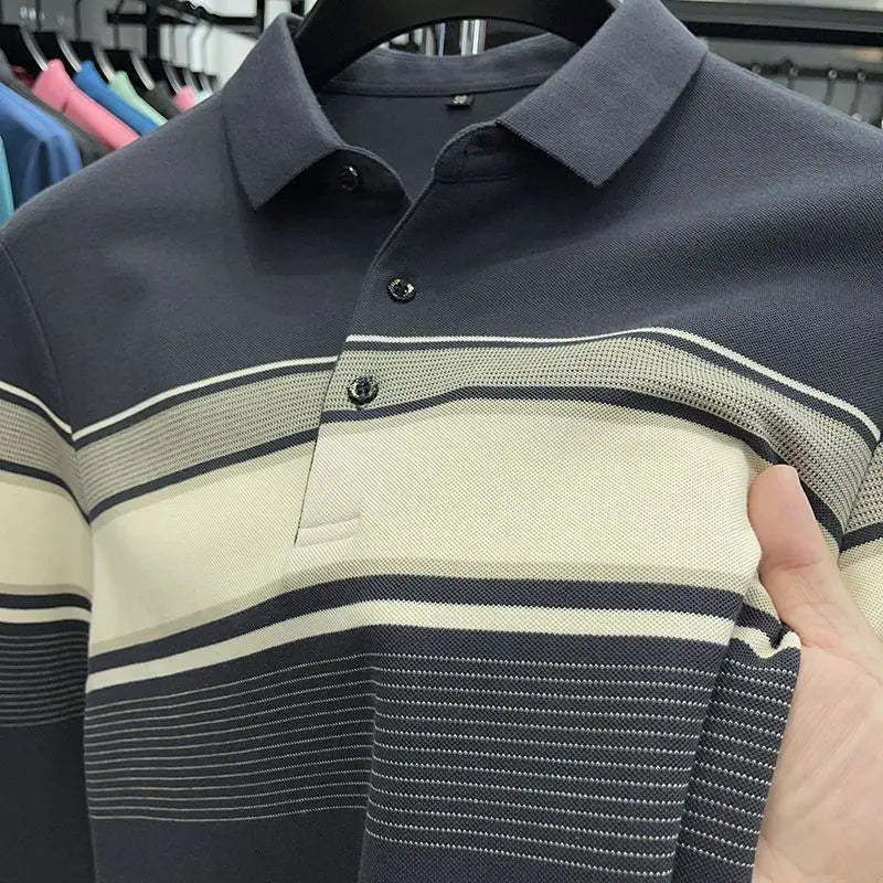 Men Casual Long Sleeve Striped Collar Polo Shirt Loose Fit Spring Autumn Top