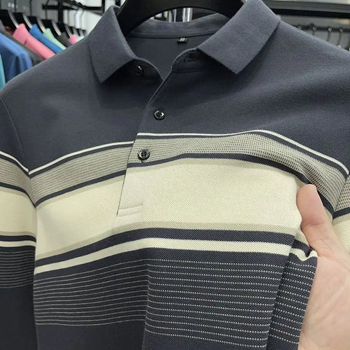 Men Casual Long Sleeve Striped Collar Polo Shirt Loose Fit Spring Autumn Top
