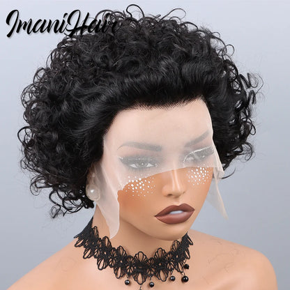 Short Curly Pixie Cut Lace Front Wigs 6 inch, 13X1 Human Hair HD Lace Front Wigs Plucked for Black Women 6 Inch, Natural Black