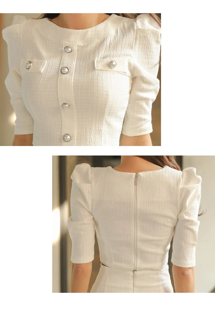 H Han Queen Hot Sale Spring White 2 Pieces Set Women Short Tops + High Waist Pencil Skirts Casual Simple Office Lady Skirt Suit