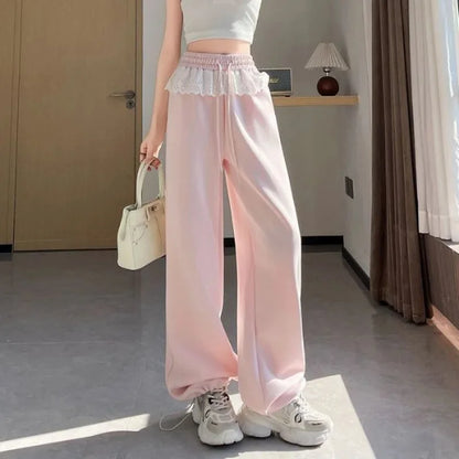 Pink Lace Splicing Design Wide Leg Pants Women's Loose Casual Sweatpants Spring New Style Slimming Effect Comfortable Fit