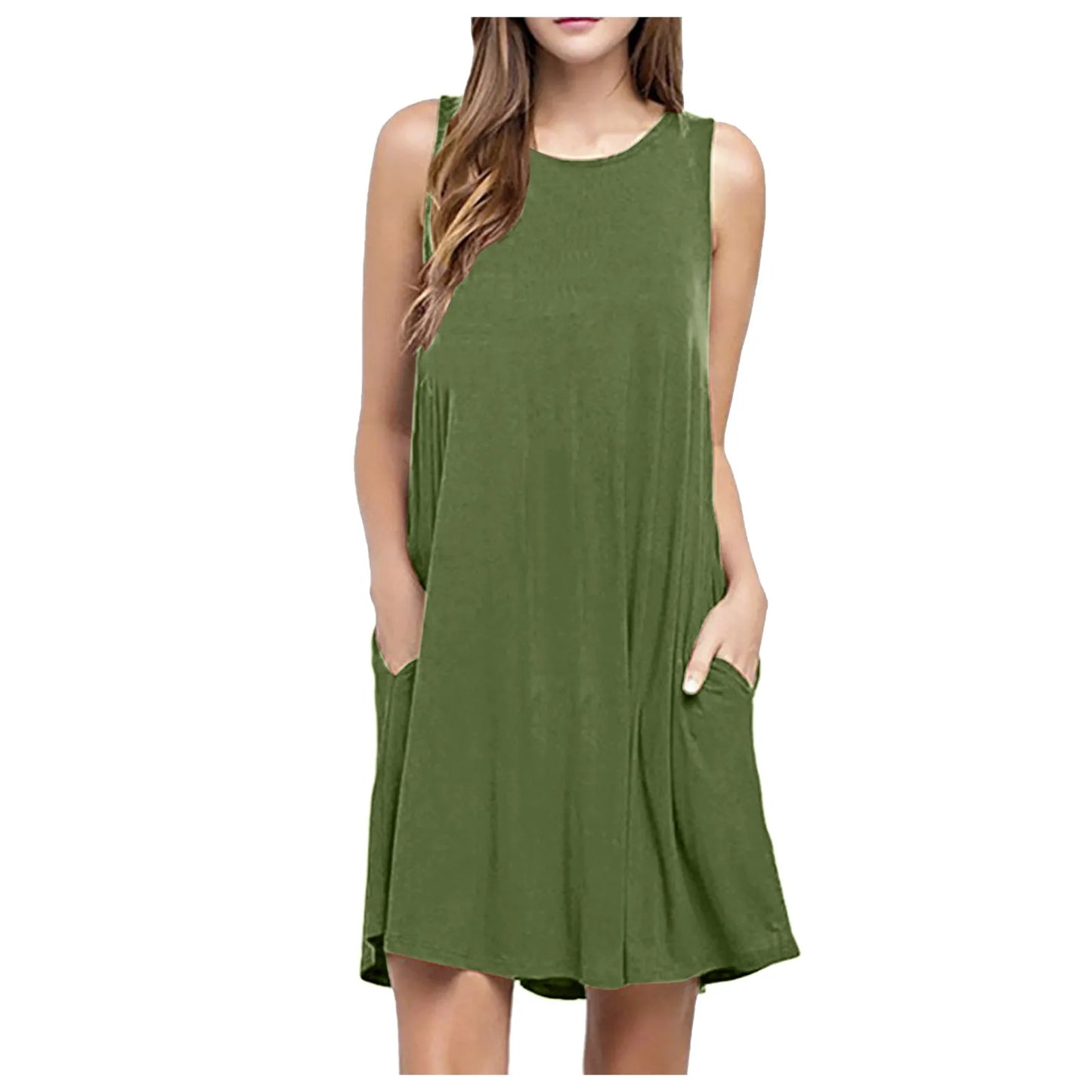 Women Summer Casual Dresses Beach Cover up Plain Pleated Tank Dress, Women Pockets Sleeveless Above Knee Dress Loose Party Dress