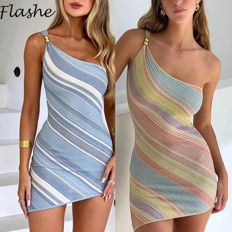 Elegant Woman Dress Multi Color Patchwork Diagonal Collar Mini Dress Women Summer Sleeveless Sexy Bodycon Dress Party Vestidos