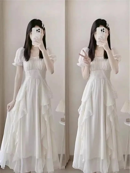 French Style White Fairy Dress Women's Summer 2025 New Super Fairy Princess Gown Gentle Wind Long Skirt Elegant Sensation