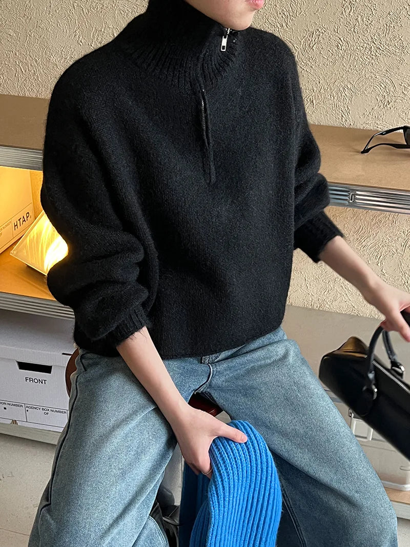 2026 Women Turn Down Collar Sweater Long Sleeve Zipper Design Warm Cardigans Clothes Tops For Women Winter Sweater Pull Femme