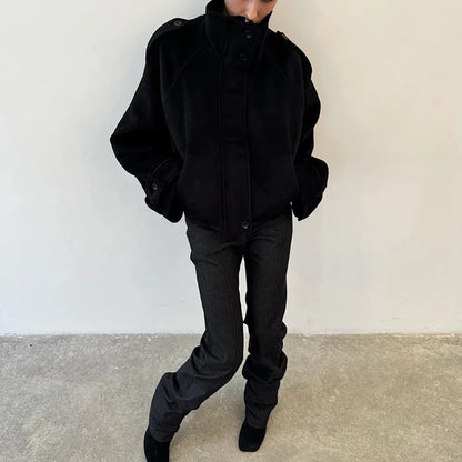 Casual Solid Loose Jackets Women Fashion Full Sleeve Single Breasted Stand Collar Short Coats Female 2025 Autumn Lady Outwears