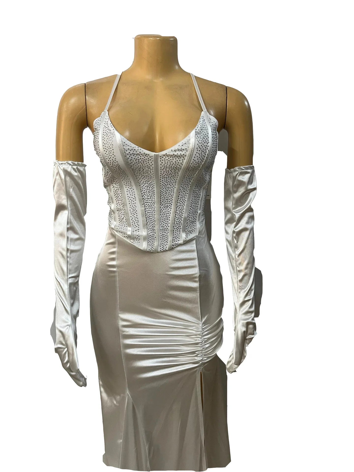 Women Sexy V-neck Lace Up Halter Backless Bodycon Birthday Dress Diamonds Corset Floor-length Evening Party Dresses with Gloves