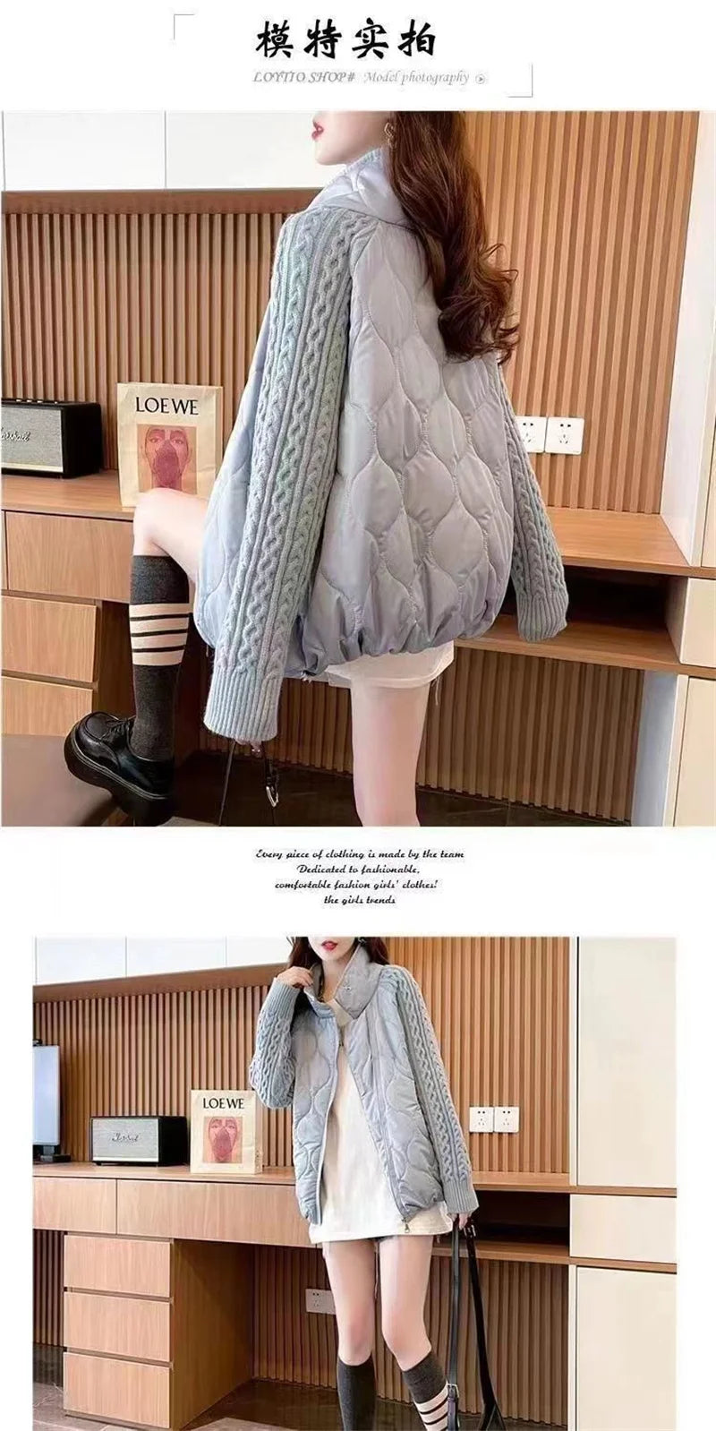 Stand Collar Sweater Sleeve Splicing Down Cotton Jacket Women Autumn Winter Warm Down Cotton Parkas 2025 New Female Fashion Coat