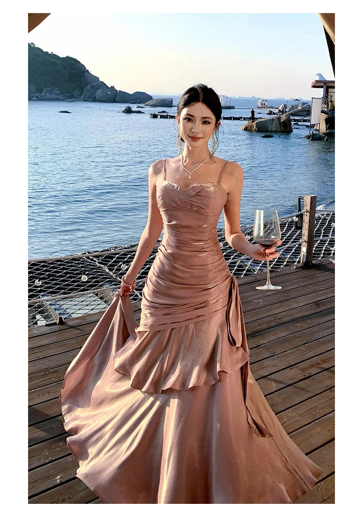 Sexy Solid Spaghetti Strap Sleeveless Evening Dresses Elegant Ruffles Party Long Dress For Women Summer Slim Beach New Vestidos