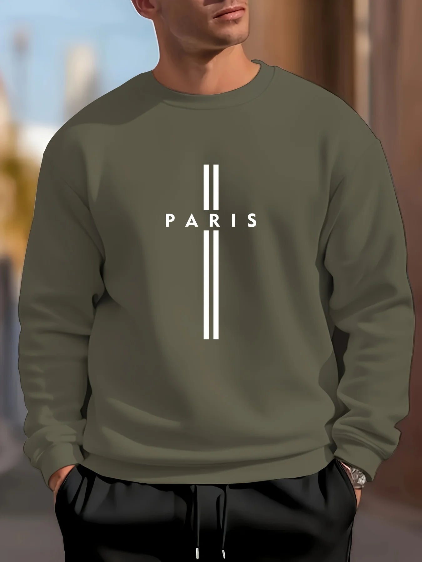 Men's autumn and winter fashionable casual loose Paris letter print fleece pullover long sleeved round neck sweatshirt