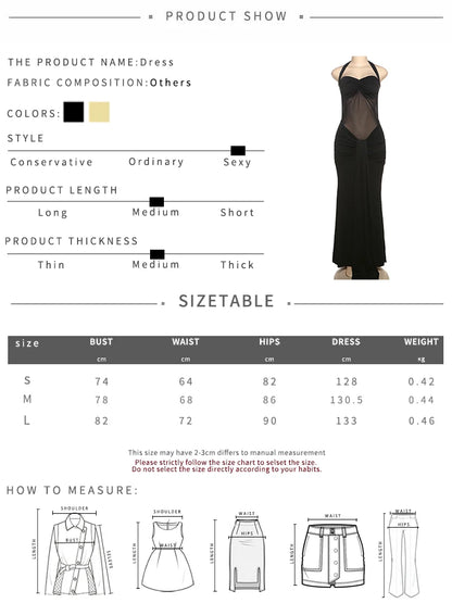 kliou Patchwork Elegant Women Maxi Dress Classic Sexy Sheer Ribbons Halter Backless Bodycon Female Trend Festival Evening Wear