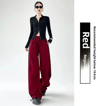 Black Striped Sports Pants Women's Spring Autumn Wide Leg Casual Loose High Waist Straight Leg Sweatpants