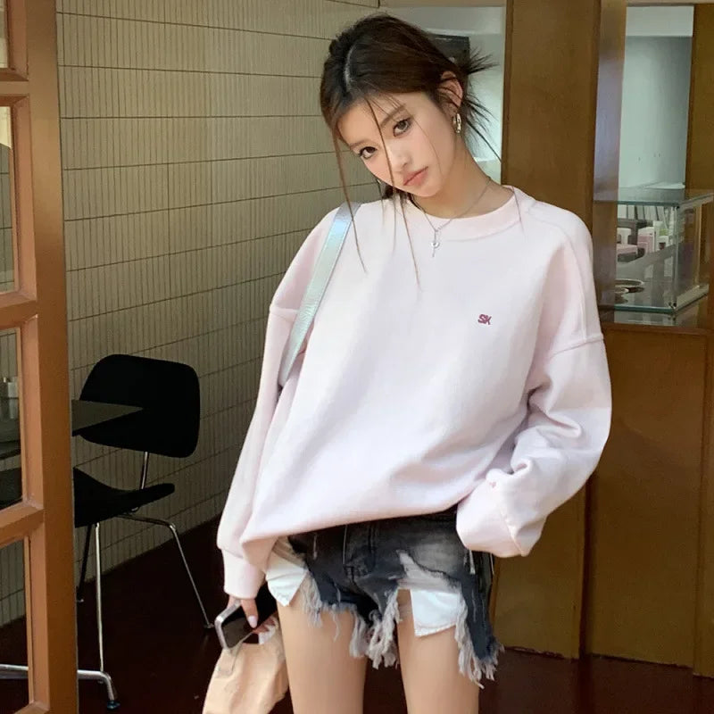 Light Pink Lettered Oversized Shoulder Sweatshirt Women's Full Sleeve round Neck Spring Autumn New Style Comfortable Casual Top