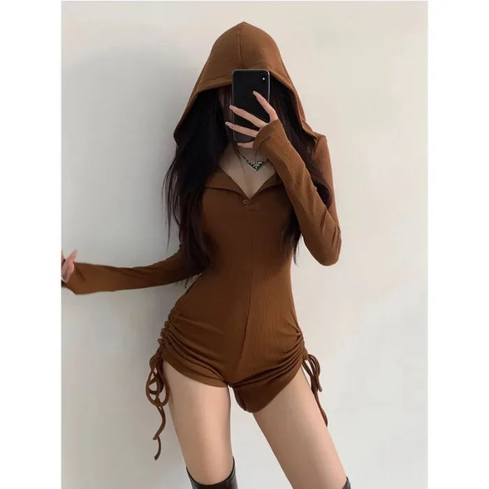 American Style Casual Hooded Jumpsuit Women's Slimming Fitness Clothes Tight High Waist Long Sleeve Yoga One-Piece Suit