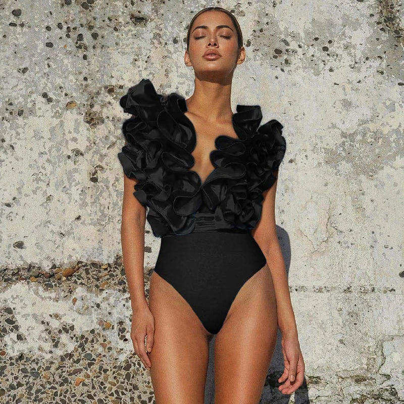 Bikini Bodysuit Swimwear Women With Skirt Bathing Suit Summer New Ruffle Splice Print Beachwear Holiday Bikini Cover Ups Outfits