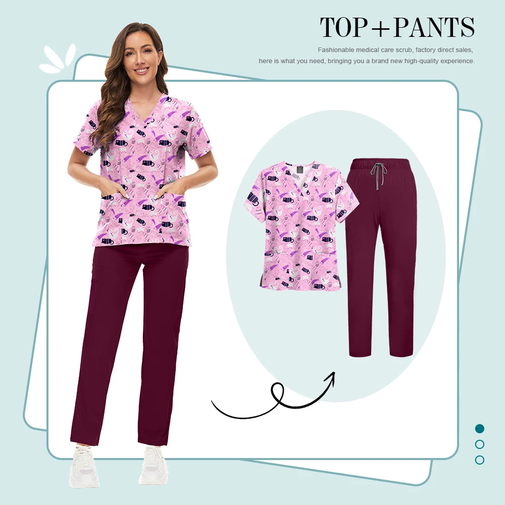 Scrubs Uniforms Sets High-quality Medical Scrub Multicolor Animal Printed Women Scrub Tops Medical Scrubs Uniform Nurse Lab Wear