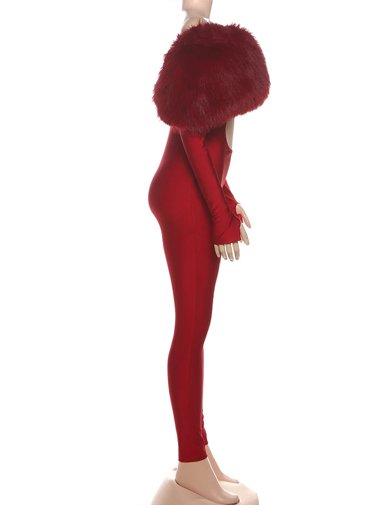 Kliou Furry Patchwork Slash Neck Jumpsuits Woman Autumn Trend Sexy Hollow Navel Exposed Skinny Peach Hip Hottie Fashion Clubwear