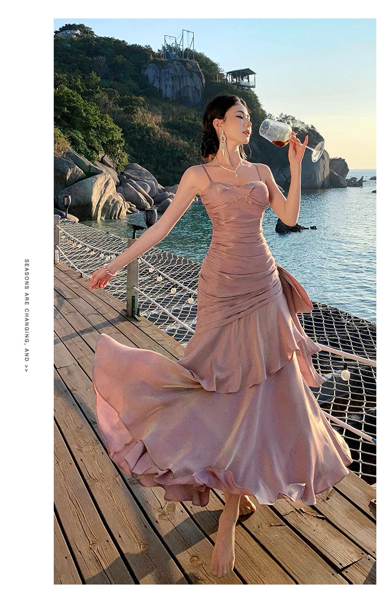 Sexy Solid Spaghetti Strap Sleeveless Evening Dresses Elegant Ruffles Party Long Dress For Women Summer Slim Beach New Vestidos