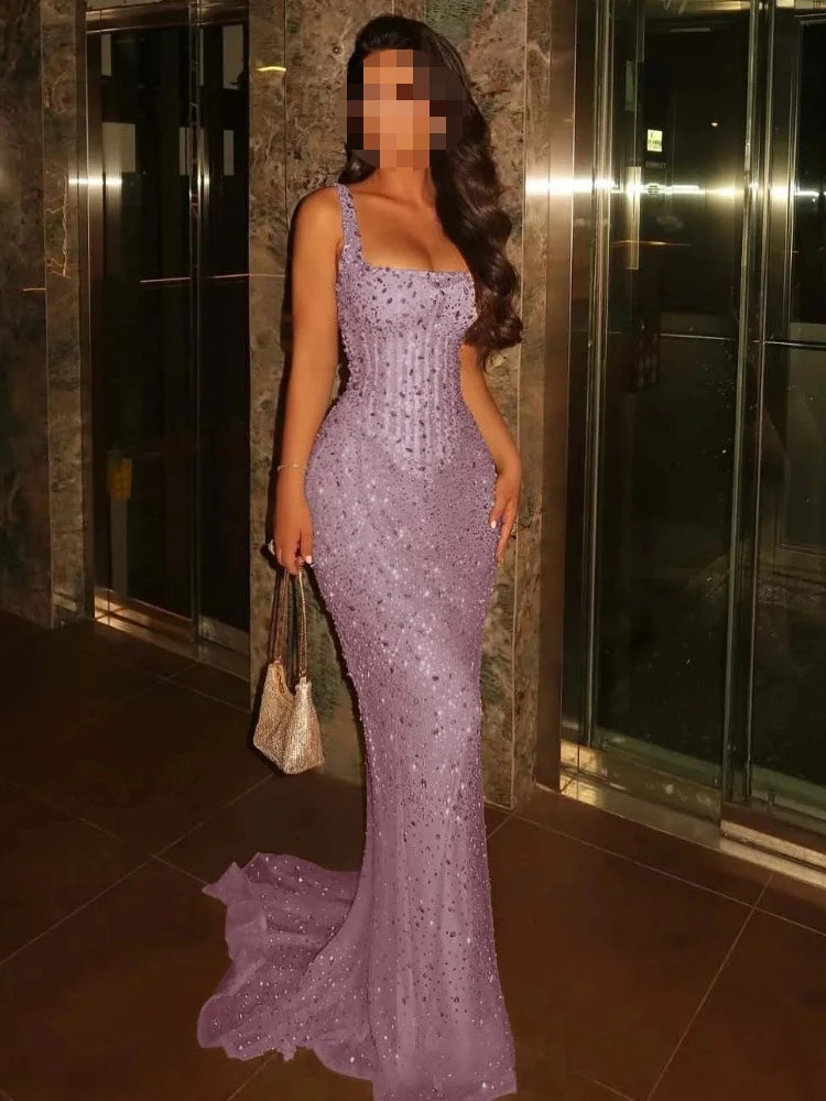 Elegant Mermaid Court Train Evening Dresses Shiny Sequins Square Collar High Quality Sexy Prom Party Gowns for Women Customized