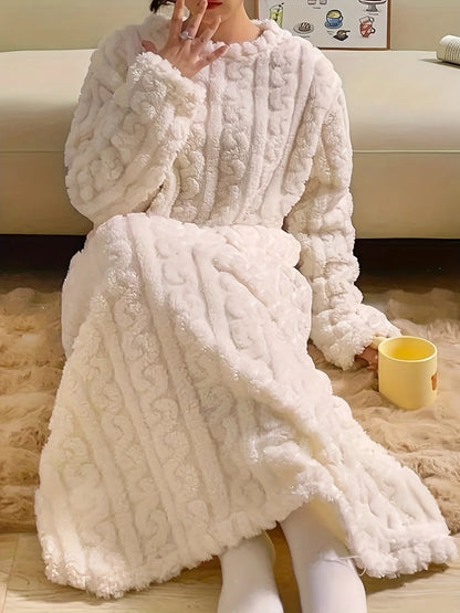 Comfortable solid-colored velvet jacquard home dress, warm and thick long-sleeved round-neck loose home garment