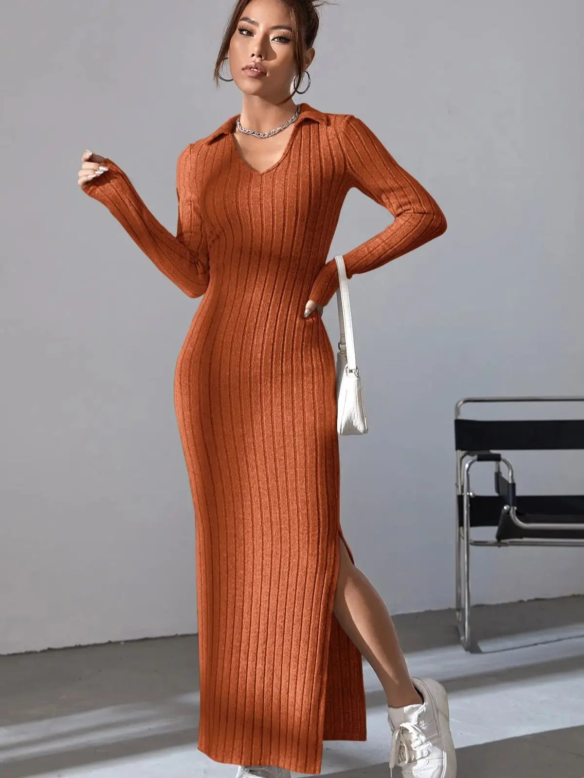 Long knitted fitted lapel pit strip tight long-sleeved dress for autumn/Winter 2025