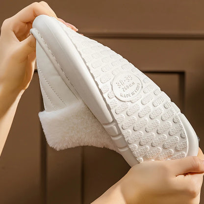 Plus Size 48-49 Waterproof Women's Home Slippers Flat Heel Non Slip Cotton Slippers Woman Faux Fur Warm Living Room Shoes Female