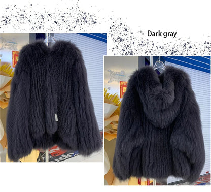 Fox Fur Coat Women's Winter Fashion Warm 100% Fox Fur Coat Hooded Long Sleeved Sweet Women's Luxury Designer Coat