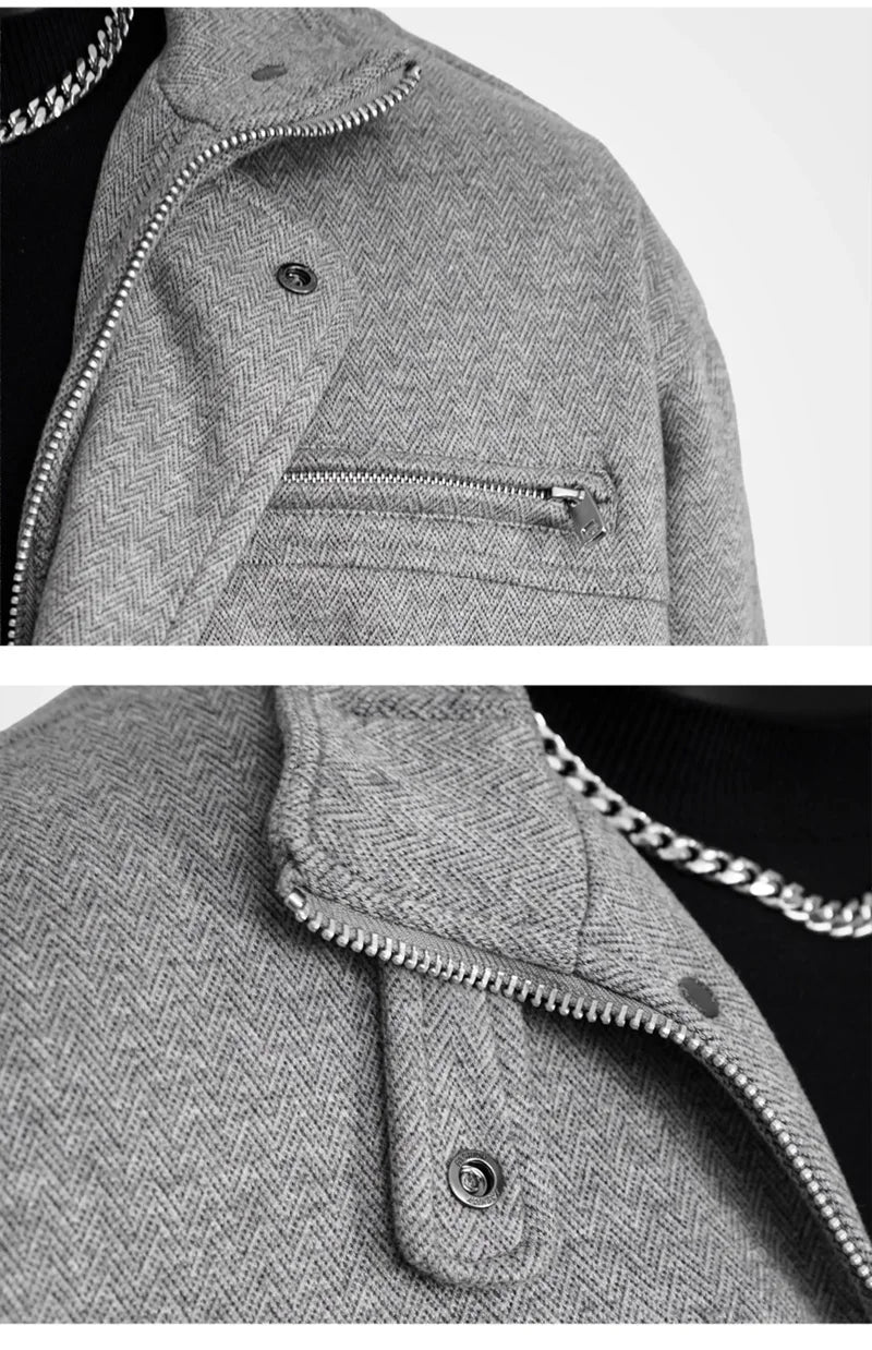 Autumn Winter Woolen Bomber Jacket Men Stand Collar Vintage Fashion Loose Casual Short Cargo Jacket Korean Streetwear Coat