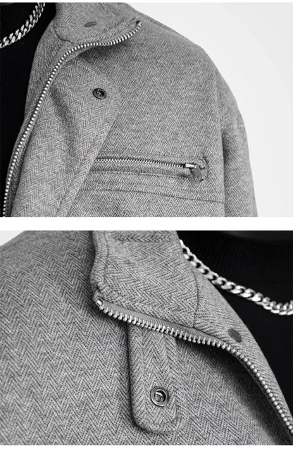 Autumn Winter Woolen Bomber Jacket Men Stand Collar Vintage Fashion Loose Casual Short Cargo Jacket Korean Streetwear Coat