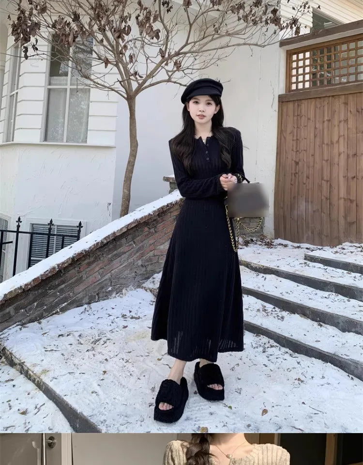 French Style Long Sleeve Knitted Dress Vintage Waist Cinching A- Line Skirt Women Autumn Winter New Arrival Slimming Inner Wear