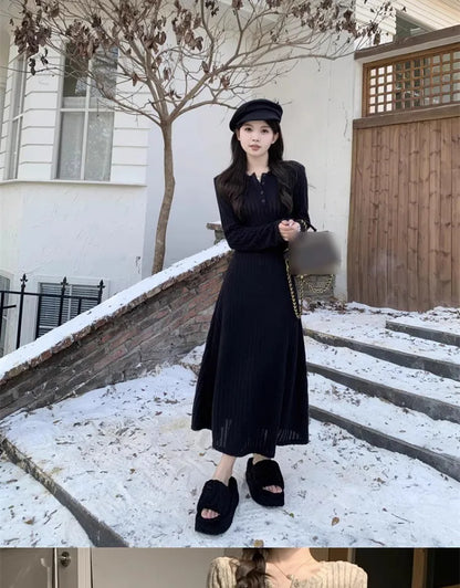 French Style Long Sleeve Knitted Dress Vintage Waist Cinching A- Line Skirt Women Autumn Winter New Arrival Slimming Inner Wear