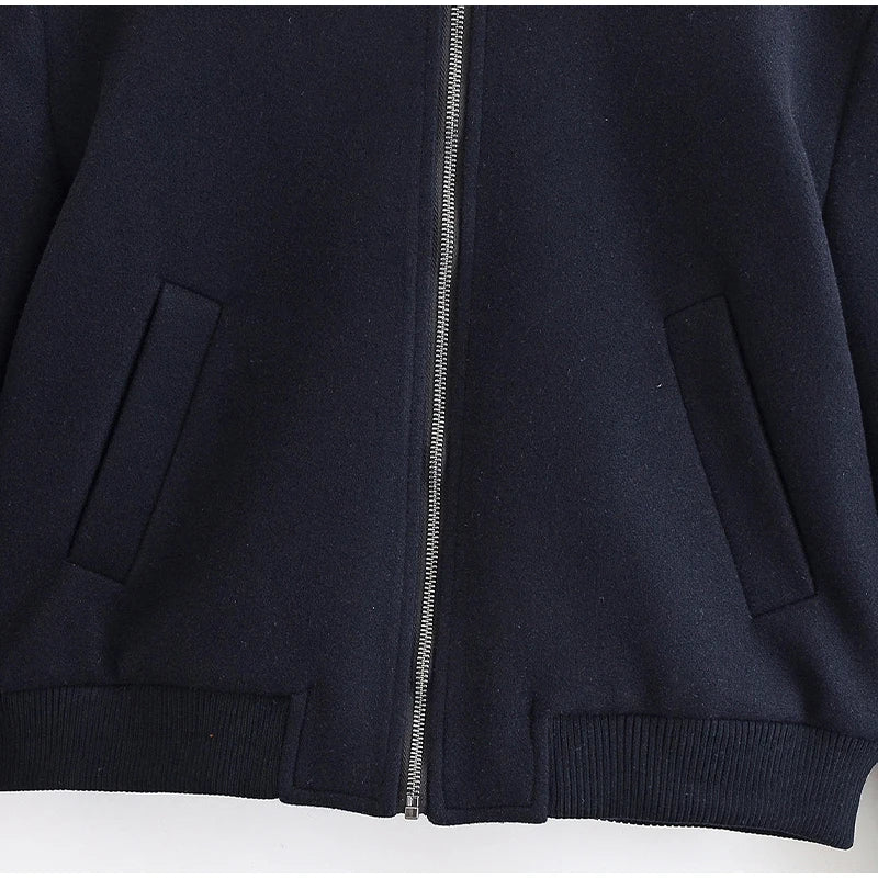 Woolen Zipper Loose Short Jacket Women Long Sleeve Lapel Solid 2025 Autumn Winter Commute Coat Street Office Warm Ladies Outwear