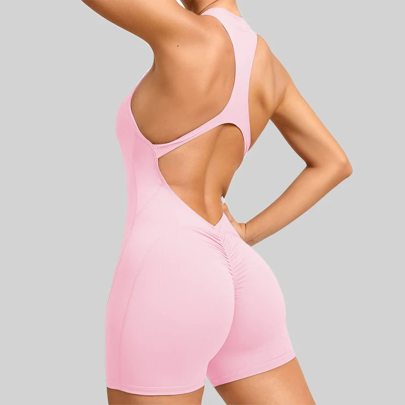 Back V Scrunch Jumpsuits Gym Short One-Piece Suit Yoga Set Push Up Zipper Workout Rompers Fitness Sexy Sports Bodysuit Female