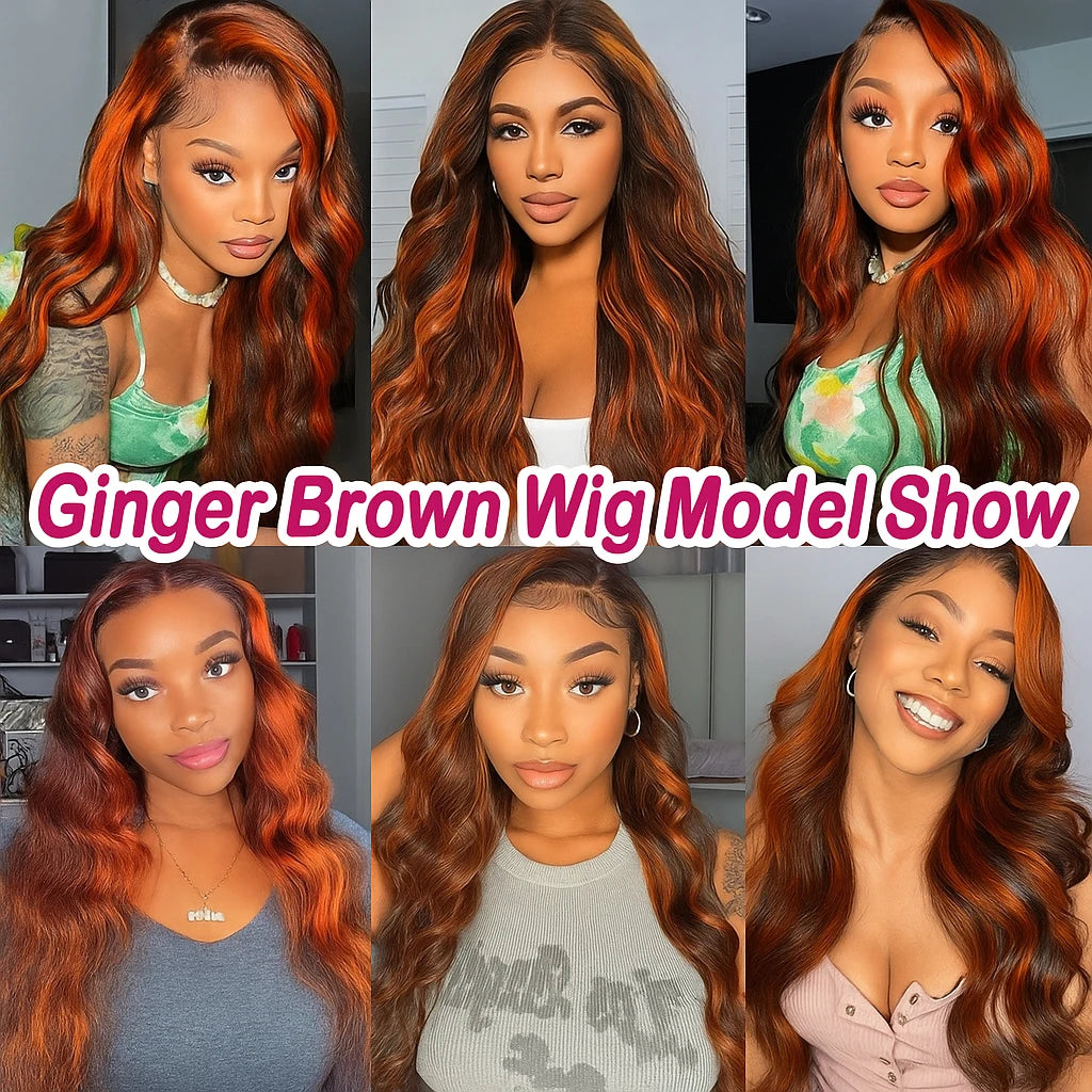 No Silk Highlight Ombre Lace Front Wig Human Hair 200% Density #4/350 Brown With Ginger Body Wave Lace Front Wigs Human Hair