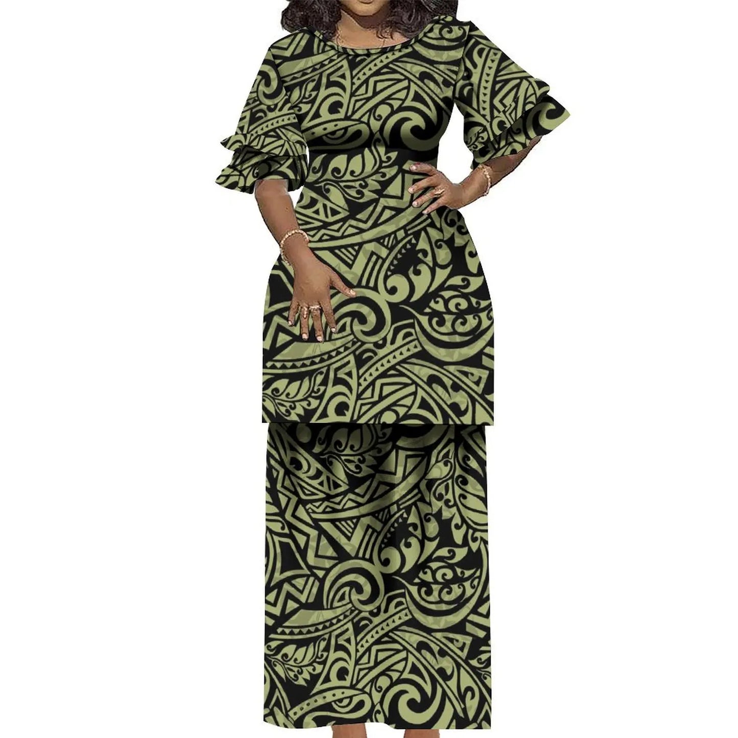 Plus Size Women 2 Piece Outfits Sets Dress New Wholesale Custom Polynesian Tribal Design Petal Sleeve Samoan Puletasi Set