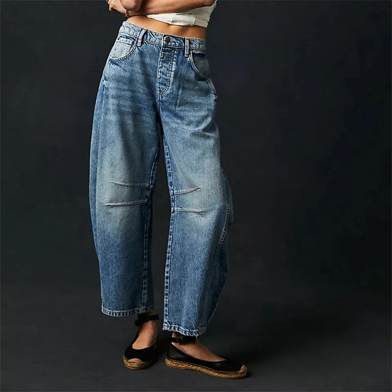 High Stretch Mid-Rise  Jeans Fashion Wide Leg Shape Women Casual Baggy Mid Waist Denim Jeans