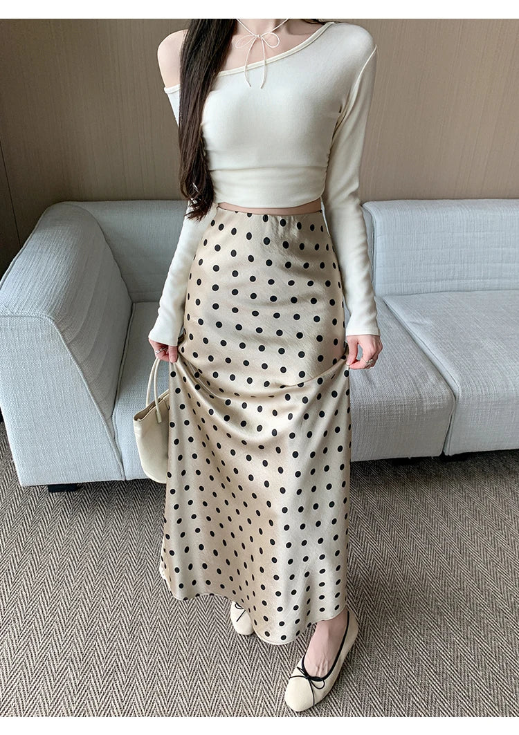 Seoulish High Waist Elegant Dots Printed Satin Women's Long Fishtail Skirts New Loose Office Mermaid A-line Skirts Female