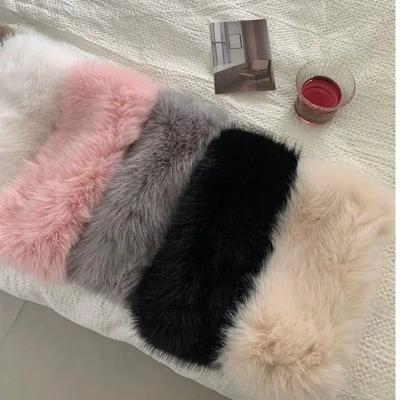 Winter Lmitation Fur Thickened Fluffy Headband Plush Solid Color Headwear Outdoor Windproof Ear Warmer Head Cover Ski Cap
