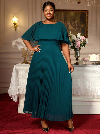 Elegant Plus Size Pleated Maxi Dress O Neck Cloak Sleeve High Waist  Perfect for Evening Event Wedding Guest or Formal Occasions