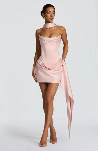 Mozision Off-shoulder Strapless Sexy Mini Dress Women Elegant Sleeveless Backless High Waist Draped Ruched Club Party Dresses