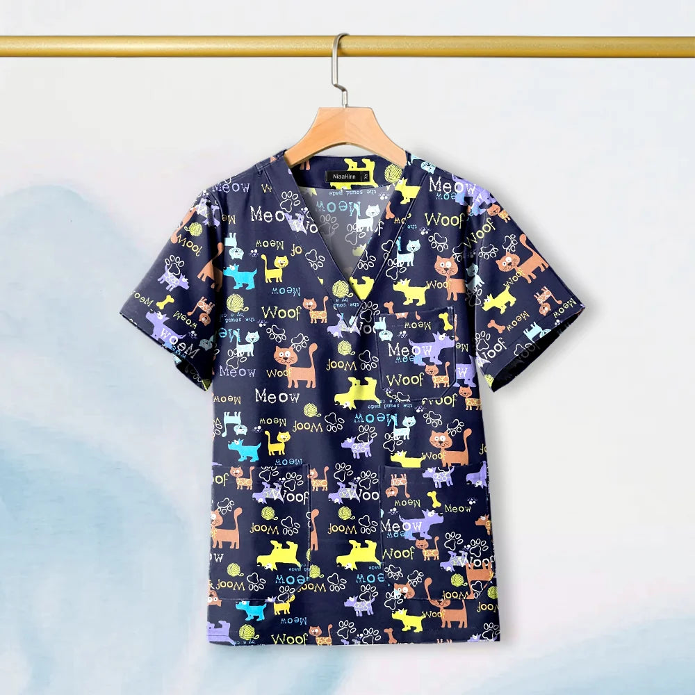 Hot Sales V-Neck Printed Scrub Tops for Women Men Nurse Uniform 100% Cotton Breathable Scrubs Uniforms Medical Blouses Wholesale